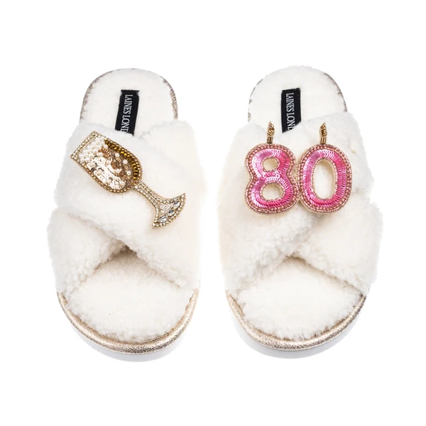 laines london Laines Neutral Boucle Slippers With 80TH Birthday & Champers Brooches