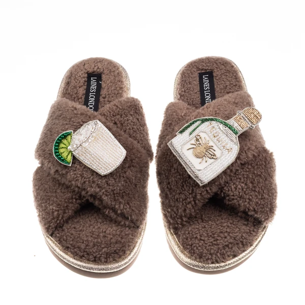 Laines London Laines Neutral Boucle Slippers With Agave Tequila Brooches
