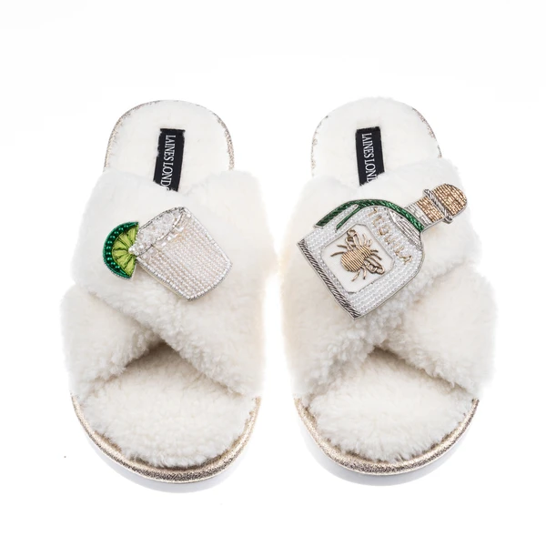 Laines London Laines Neutral Boucle Slippers With Agave Tequila Brooches