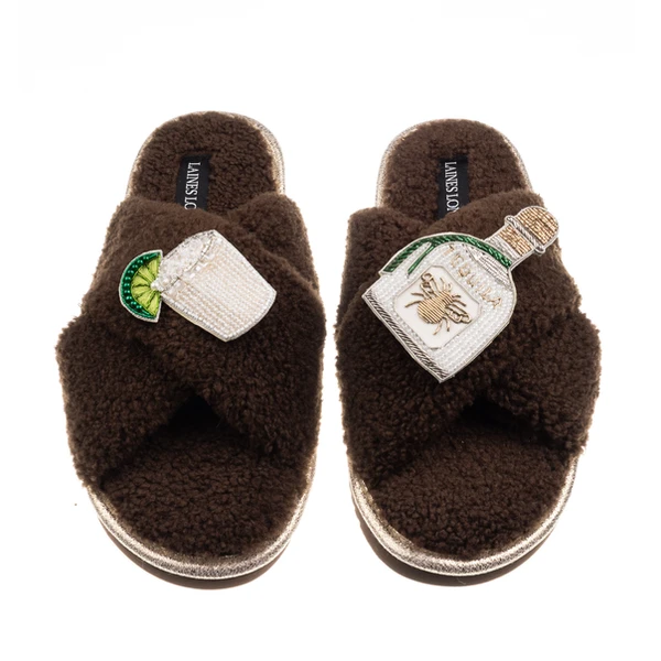 Laines London Laines Neutral Boucle Slippers With Agave Tequila Brooches