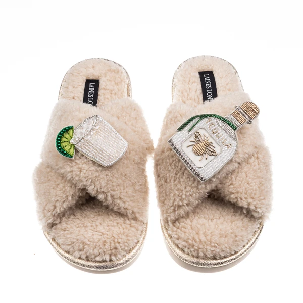 laines london Laines Neutral Boucle Slippers With Agave Tequila Brooches