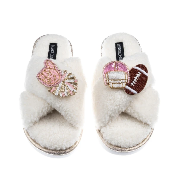 Laines London Laines Neutral Boucle Slippers With American Football Brooches