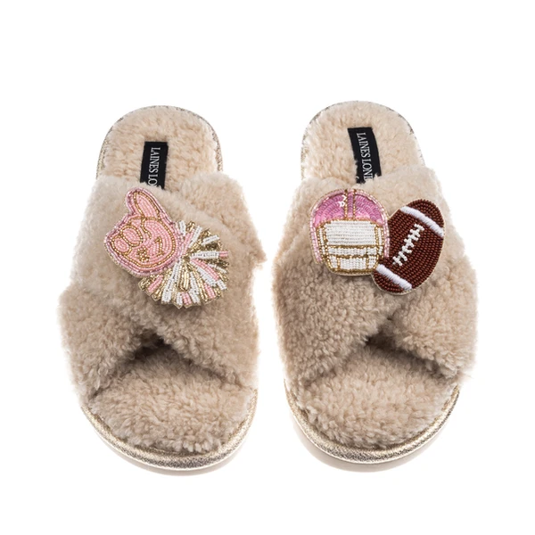 Laines London Laines Neutral Boucle Slippers With American Football Brooches