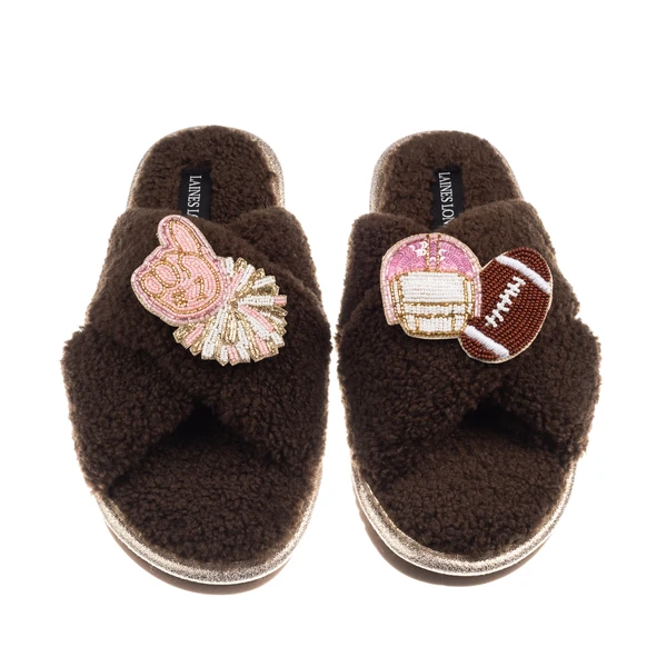 Laines London Laines Neutral Boucle Slippers With American Football Brooches