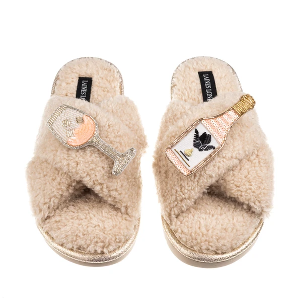 Laines London Laines Neutral Boucle Slippers With Angelic Rose Wine Brooches