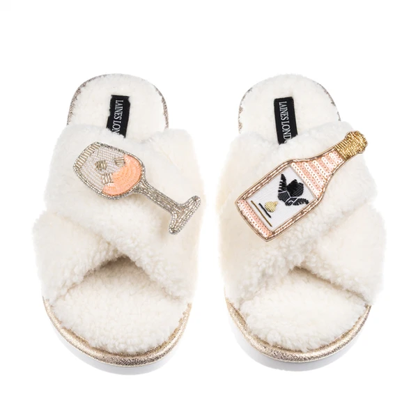 Laines London Laines Neutral Boucle Slippers With Angelic Rose Wine Brooches