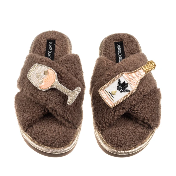 laines london Laines Neutral Boucle Slippers With Angelic Rose Wine Brooches