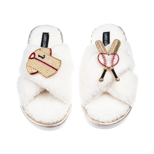 Laines London Laines Neutral Boucle Slippers With Baseball Lover Brooches