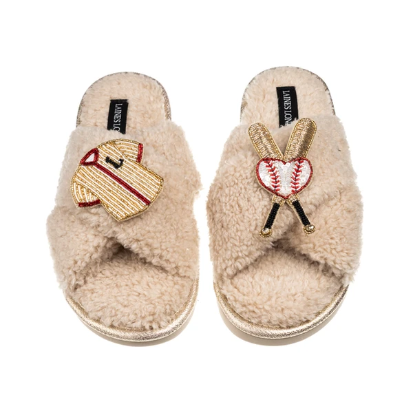 Laines London Laines Neutral Boucle Slippers With Baseball Lover Brooches