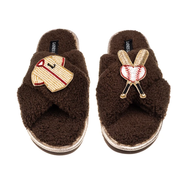 Laines London Laines Neutral Boucle Slippers With Baseball Lover Brooches