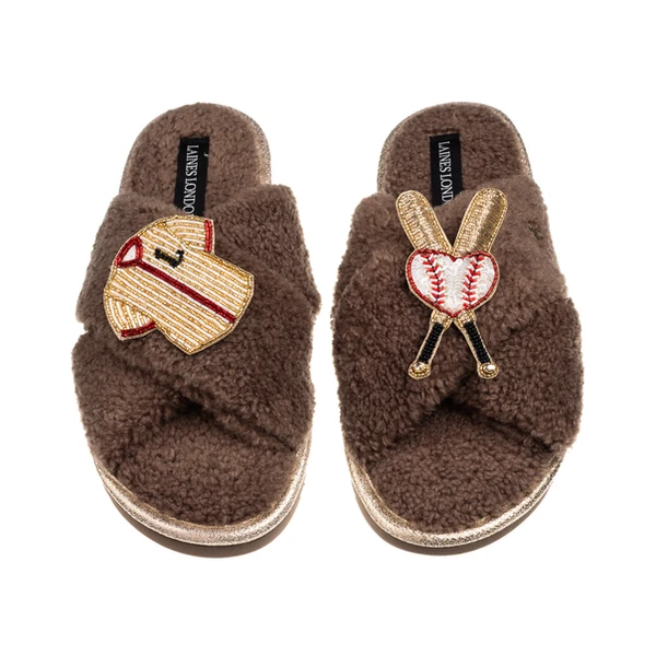 laines london Laines Neutral Boucle Slippers With Baseball Lover Brooches