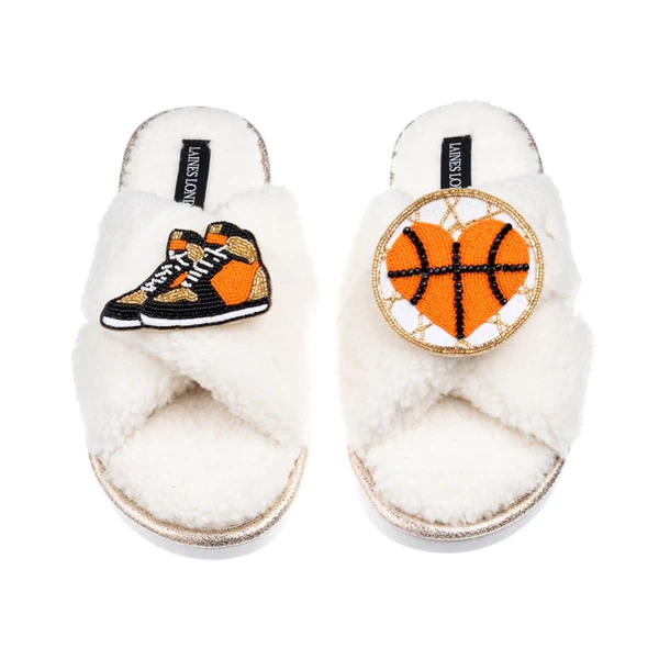 Laines London Laines Neutral Boucle Slippers With Basketball Lover Brooches