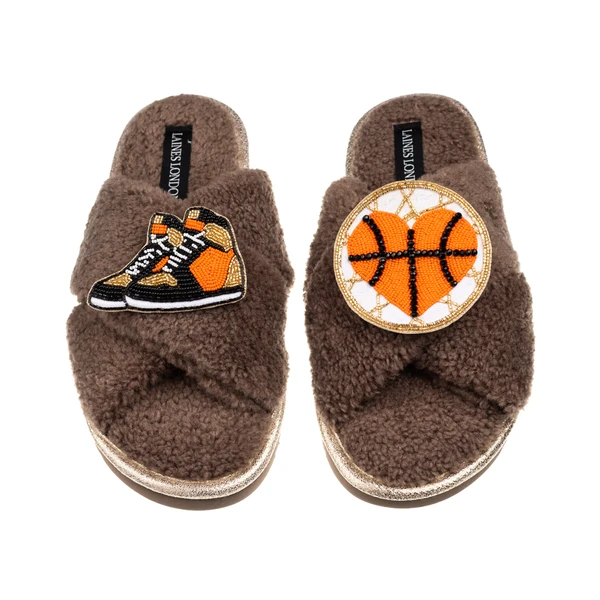 Laines London Laines Neutral Boucle Slippers With Basketball Lover Brooches