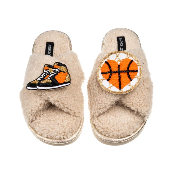 Laines London Laines Neutral Boucle Slippers With Basketball Lover Brooches