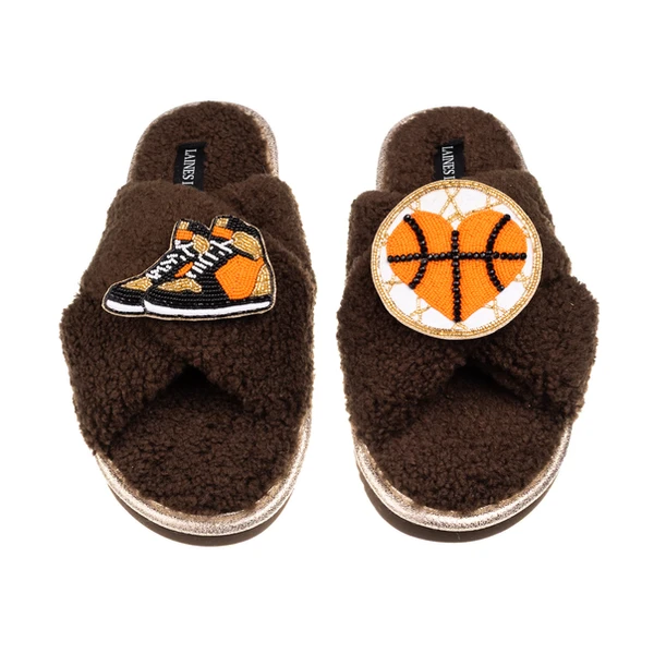 laines london Laines Neutral Boucle Slippers With Basketball Lover Brooches