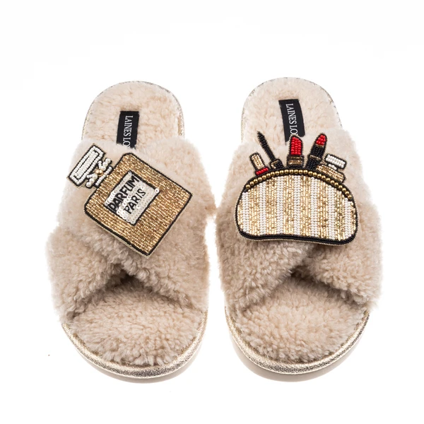 Laines London Laines Neutral Boucle Slippers With Beauty Queen Brooches