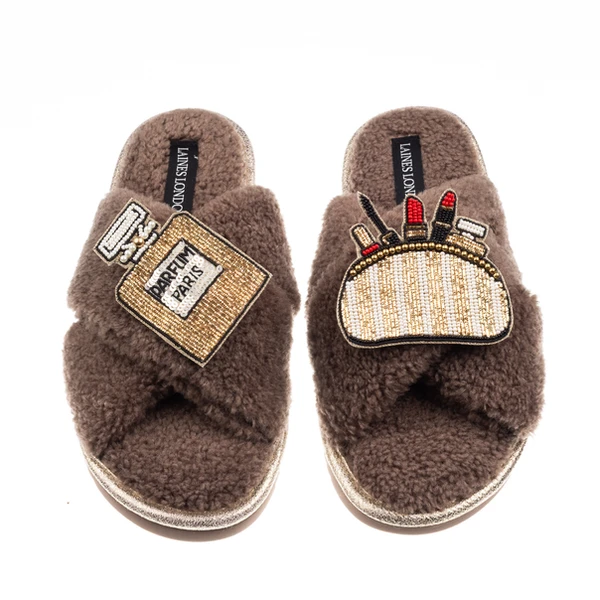 Laines London Laines Neutral Boucle Slippers With Beauty Queen Brooches