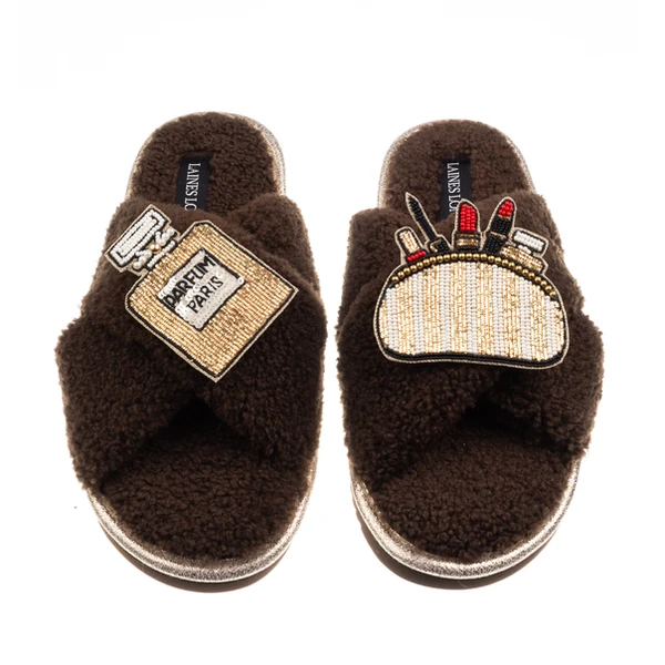 Laines London Laines Neutral Boucle Slippers With Beauty Queen Brooches