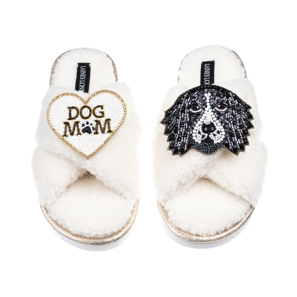Laines London Laines Neutral Boucle Slippers With Bentley The Spaniel & Dog Mum / Mom Brooches