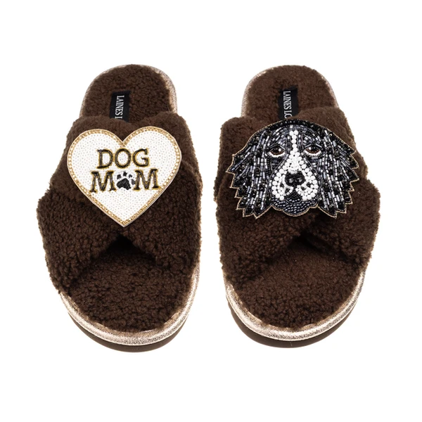 Laines London Laines Neutral Boucle Slippers With Bentley The Spaniel & Dog Mum / Mom Brooches