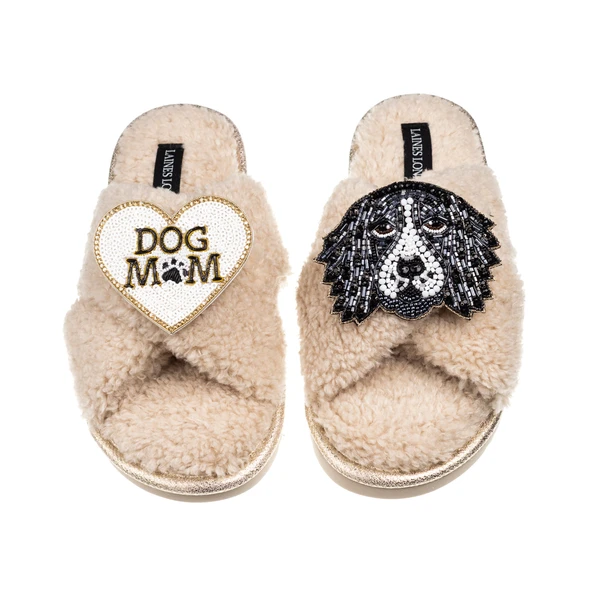 Laines London Laines Neutral Boucle Slippers With Bentley The Spaniel & Dog Mum / Mom Brooches