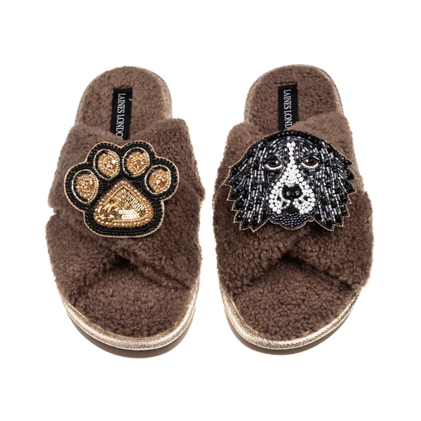 Laines London Laines Neutral Boucle Slippers With Bentley The Spaniel & Paw Brooches