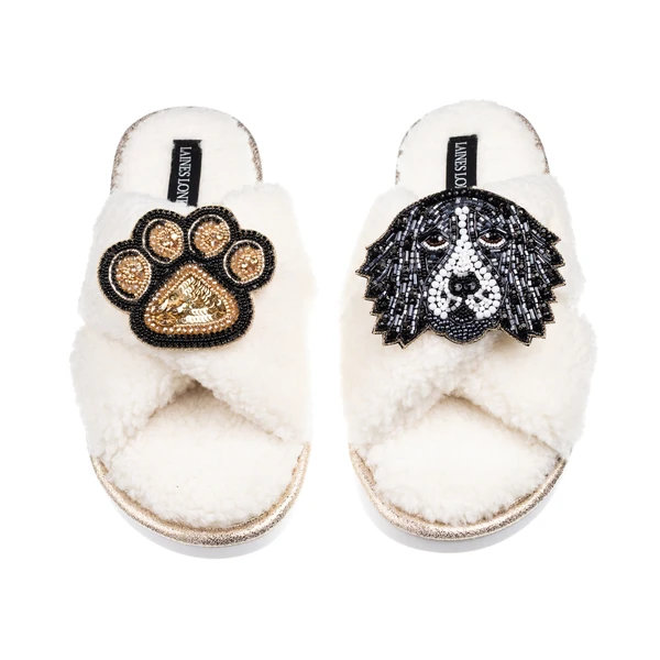 Laines London Laines Neutral Boucle Slippers With Bentley The Spaniel & Paw Brooches