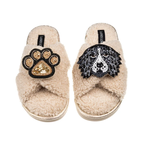 laines london Laines Neutral Boucle Slippers With Bentley The Spaniel & Paw Brooches