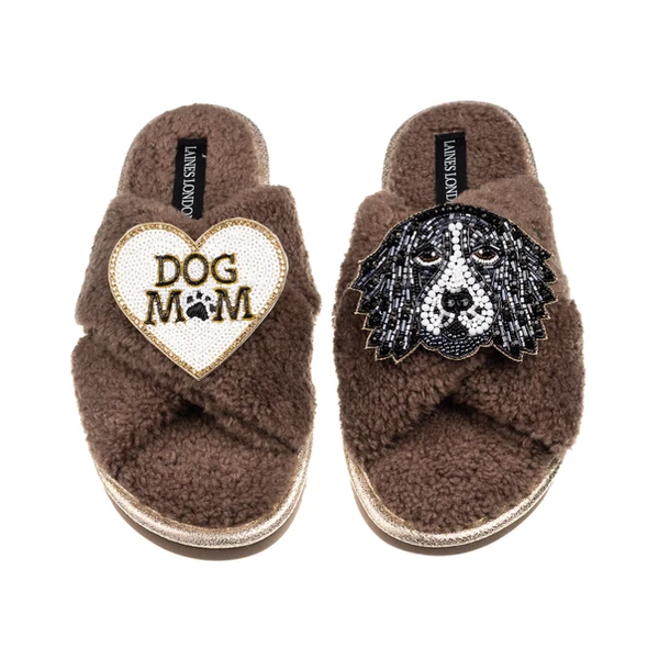 laines london Laines Neutral Boucle Slippers With Bentley The Spaniel & Dog Mum / Mom Brooches