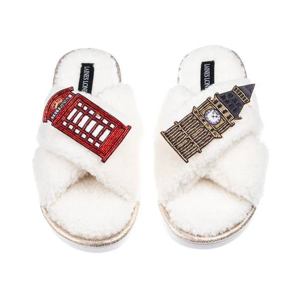 Laines London Laines Neutral Boucle Slippers With Big Ben & Red Phone Box Brooches