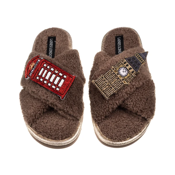 Laines London Laines Neutral Boucle Slippers With Big Ben & Red Phone Box Brooches