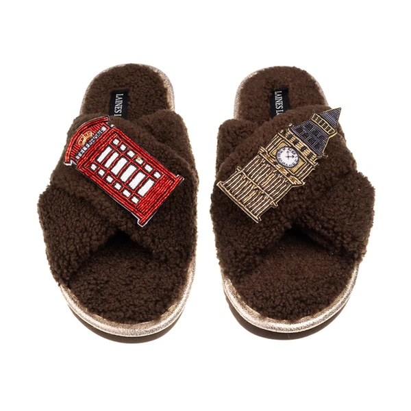 Laines London Laines Neutral Boucle Slippers With Big Ben & Red Phone Box Brooches