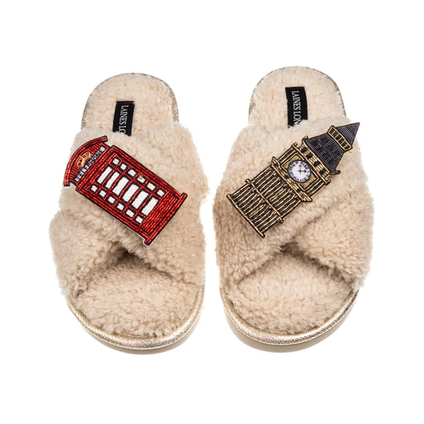 laines london Laines Neutral Boucle Slippers With Big Ben & Red Phone Box Brooches