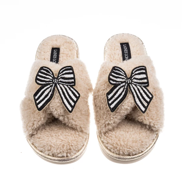 Laines London Laines Neutral Boucle Slippers With Black Stripe Bow Brooches