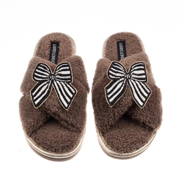 Laines London Laines Neutral Boucle Slippers With Black Stripe Bow Brooches