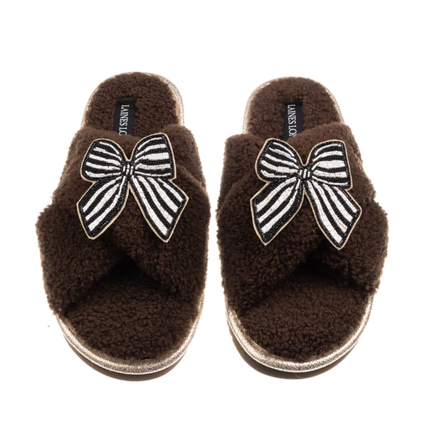 Laines London Laines Neutral Boucle Slippers With Black Stripe Bow Brooches