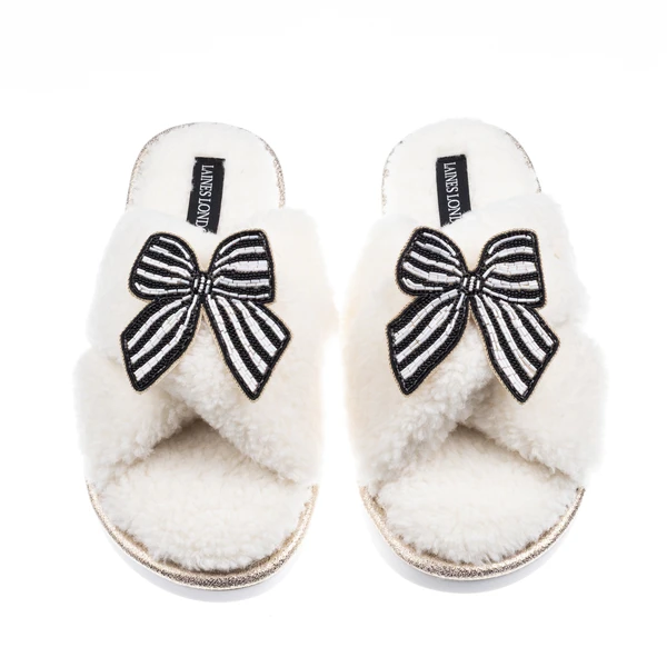 laines london Laines Neutral Boucle Slippers With Black Stripe Bow Brooches
