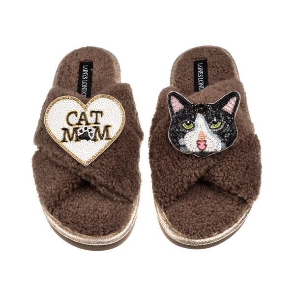 Laines London Laines Neutral Boucle Slippers With Black & White Cat & Cat Mum/Mom Brooches