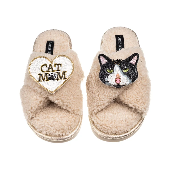 Laines London Laines Neutral Boucle Slippers With Black & White Cat & Cat Mum/Mom Brooches