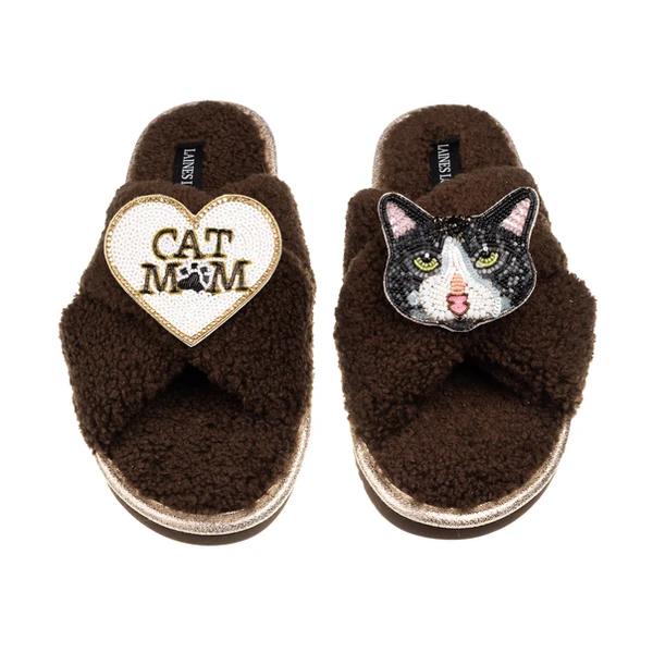 Laines London Laines Neutral Boucle Slippers With Black & White Cat & Cat Mum/Mom Brooches