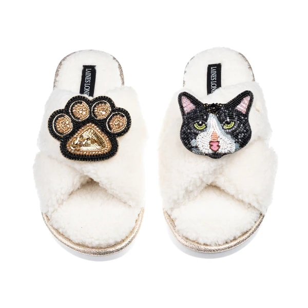 Laines London Laines Neutral Boucle Slippers With Black & White Cat & Paw Brooches