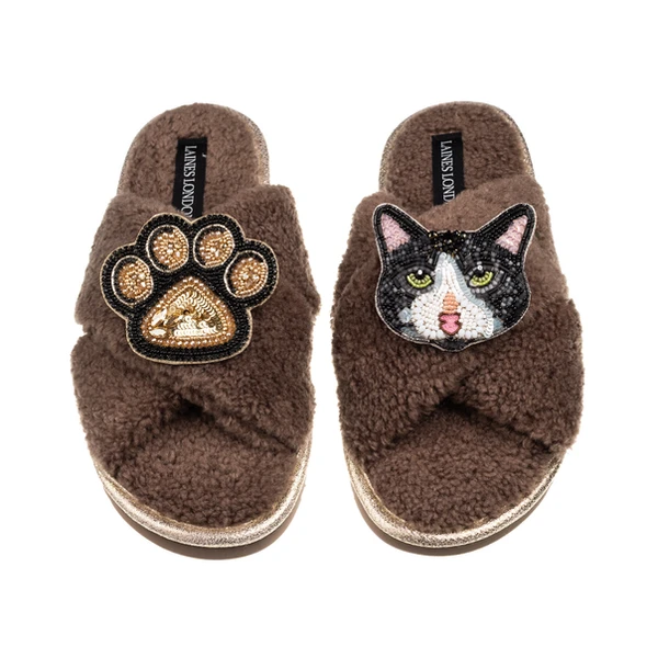 Laines London Laines Neutral Boucle Slippers With Black & White Cat & Paw Brooches