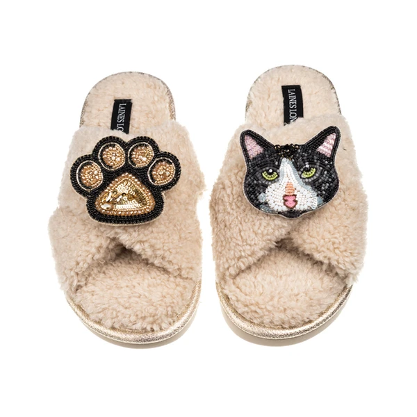 Laines London Laines Neutral Boucle Slippers With Black & White Cat & Paw Brooches