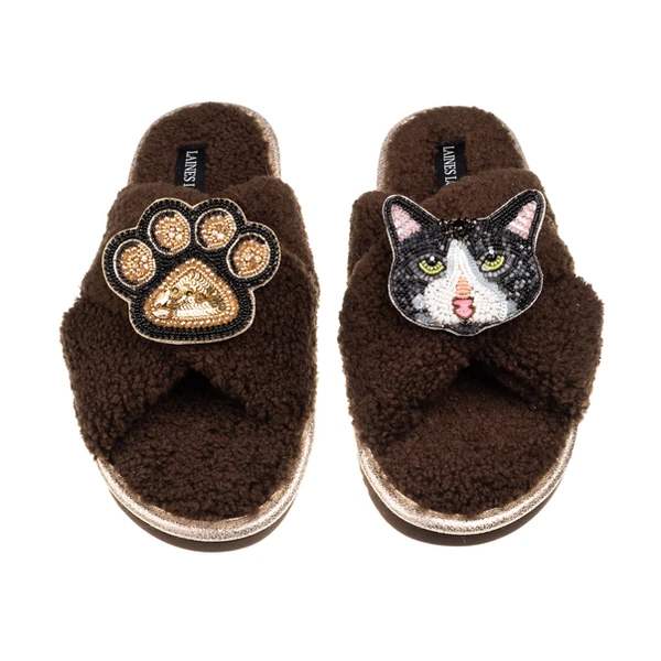 laines london Laines Neutral Boucle Slippers With Black & White Cat & Paw Brooches