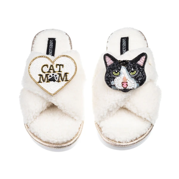 laines london Laines Neutral Boucle Slippers With Black & White Cat & Cat Mum/Mom Brooches