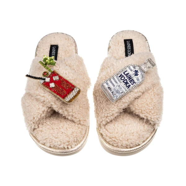 Laines London Laines Neutral Boucle Slippers With Bloody Mary Brooches