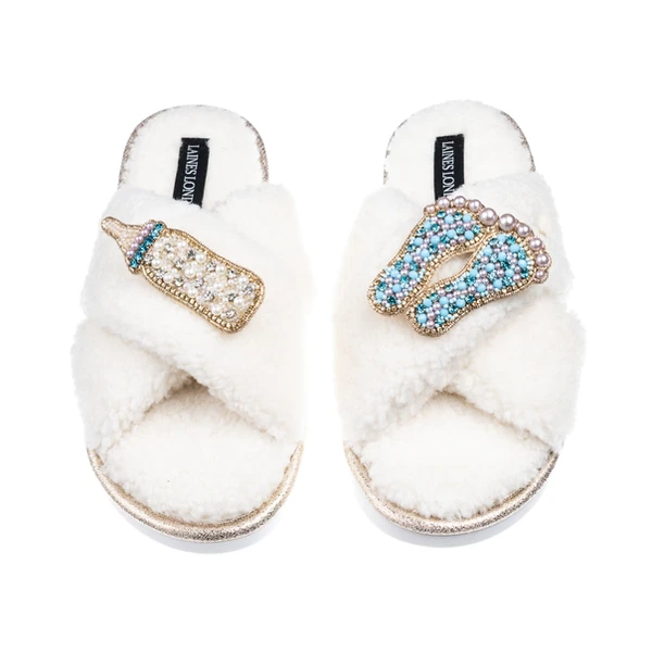 Laines London Laines Neutral Boucle Slippers With Blue New Baby Boy Brooches