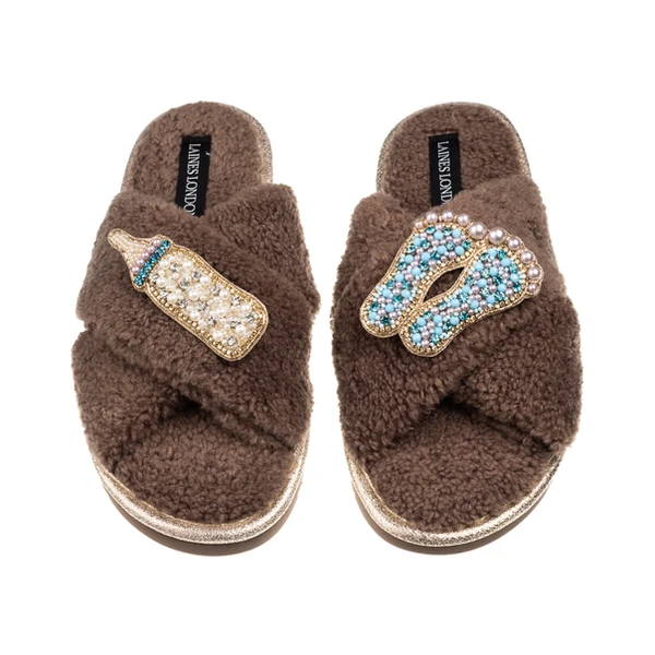 Laines London Laines Neutral Boucle Slippers With Blue New Baby Boy Brooches
