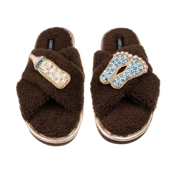 Laines London Laines Neutral Boucle Slippers With Blue New Baby Boy Brooches