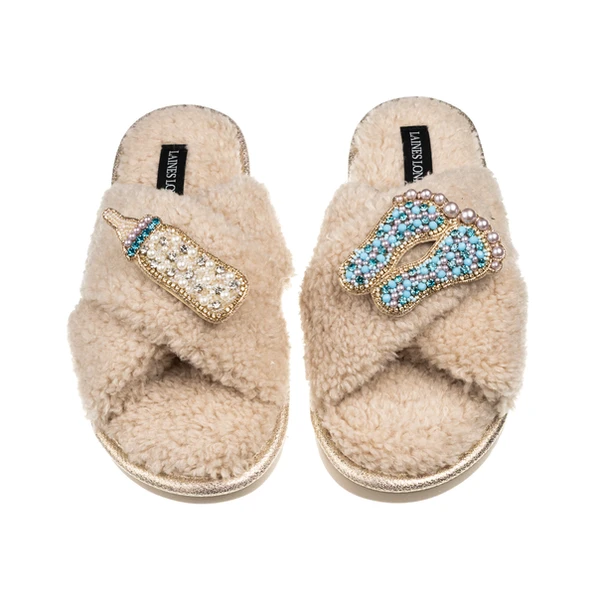 laines london Laines Neutral Boucle Slippers With Blue New Baby Boy Brooches